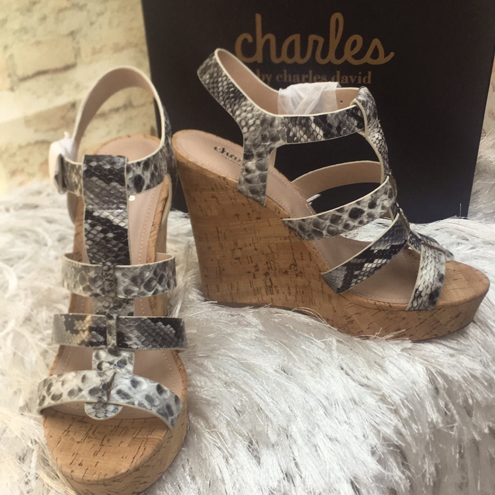 New Charles by Charles David Women’s Snake Print Embossed Cork Wedge Sandals